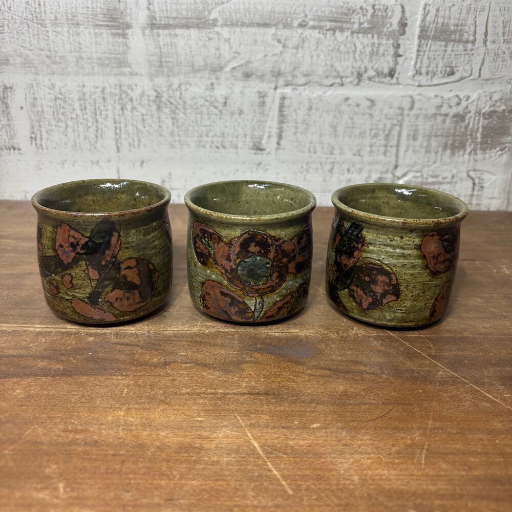 Vintage OMC Japan Green Stoneware Sake Cups Set of 3